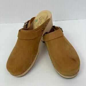 Lotta from Stockholm Sz 39 Classic Wooden Clogs Two Way Strap Tan Matte Leather